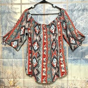 Bobbie Brooks 3X Off Shoulder Boho Top Tribal Print Slit Sleeve Blouse
